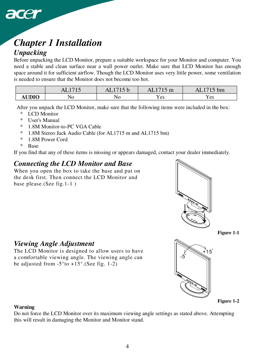 Acer AL1715 Installation, Unpacking, Connecting the LCD Monitor and Base, Viewing Angle Adjustment 