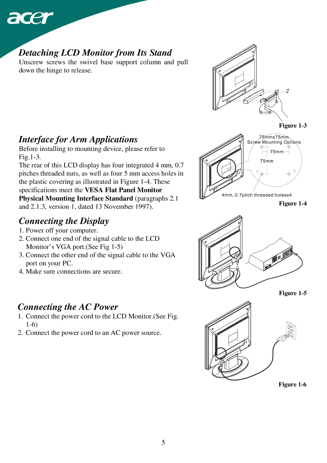 Acer AL1715 Detaching LCD Monitor from Its Stand, Interface for Arm Applications, Connecting the Display 