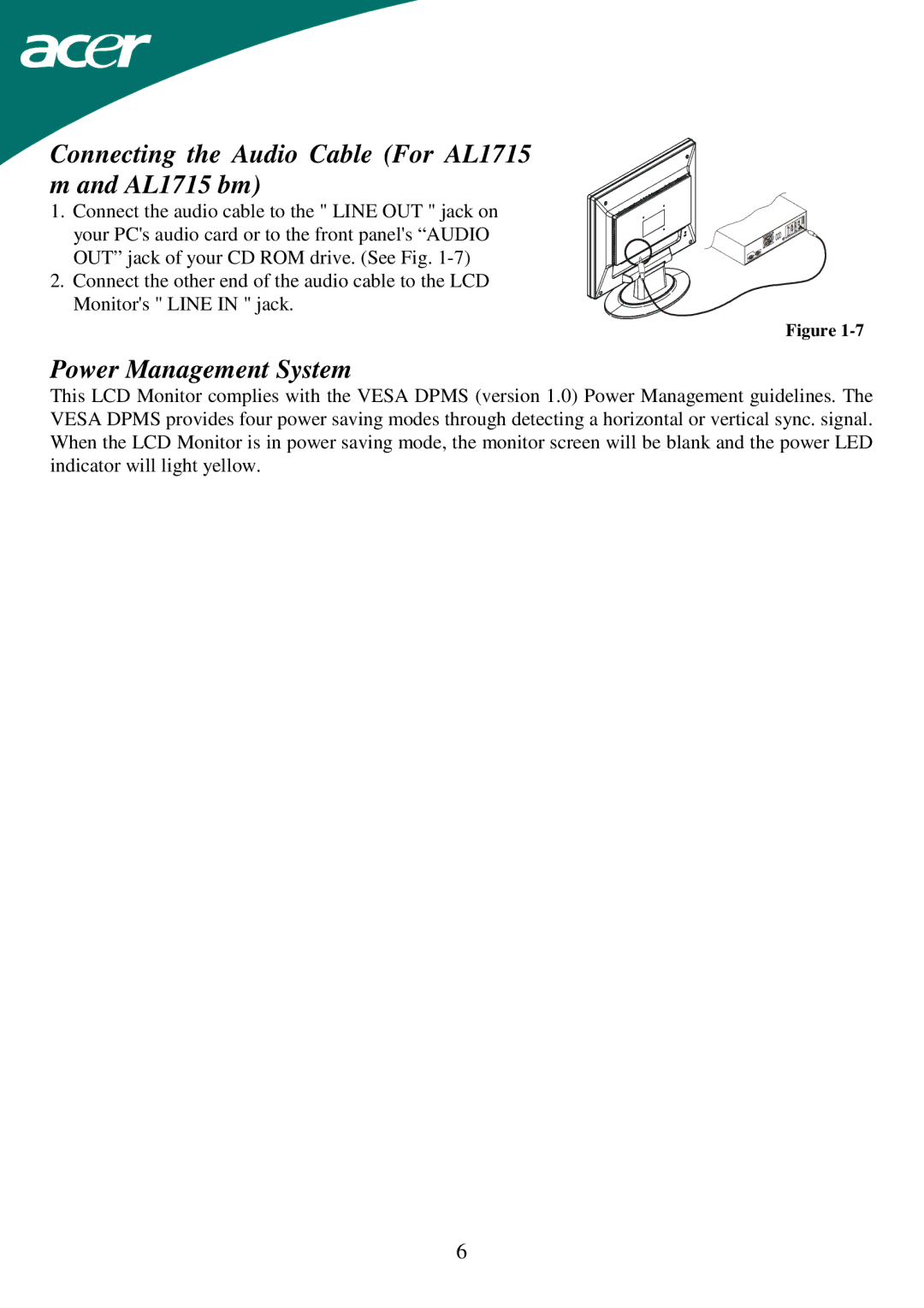 Acer important safety instructions Connecting the Audio Cable For AL1715 m and AL1715 bm, Power Management System 