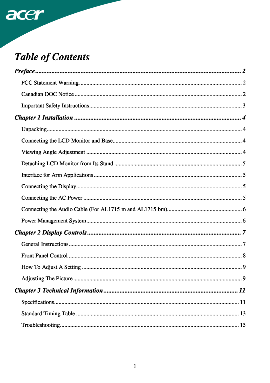 Acer AL1715 important safety instructions Table of Contents, Preface, Installation, Display Controls 