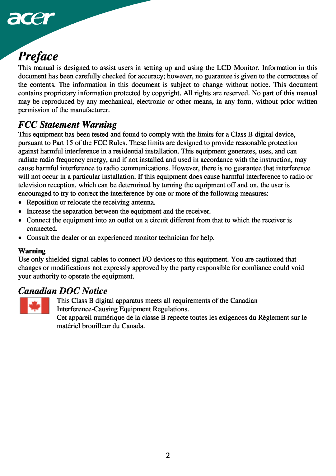 Acer AL1715 important safety instructions Preface, FCC Statement Warning, Canadian DOC Notice 