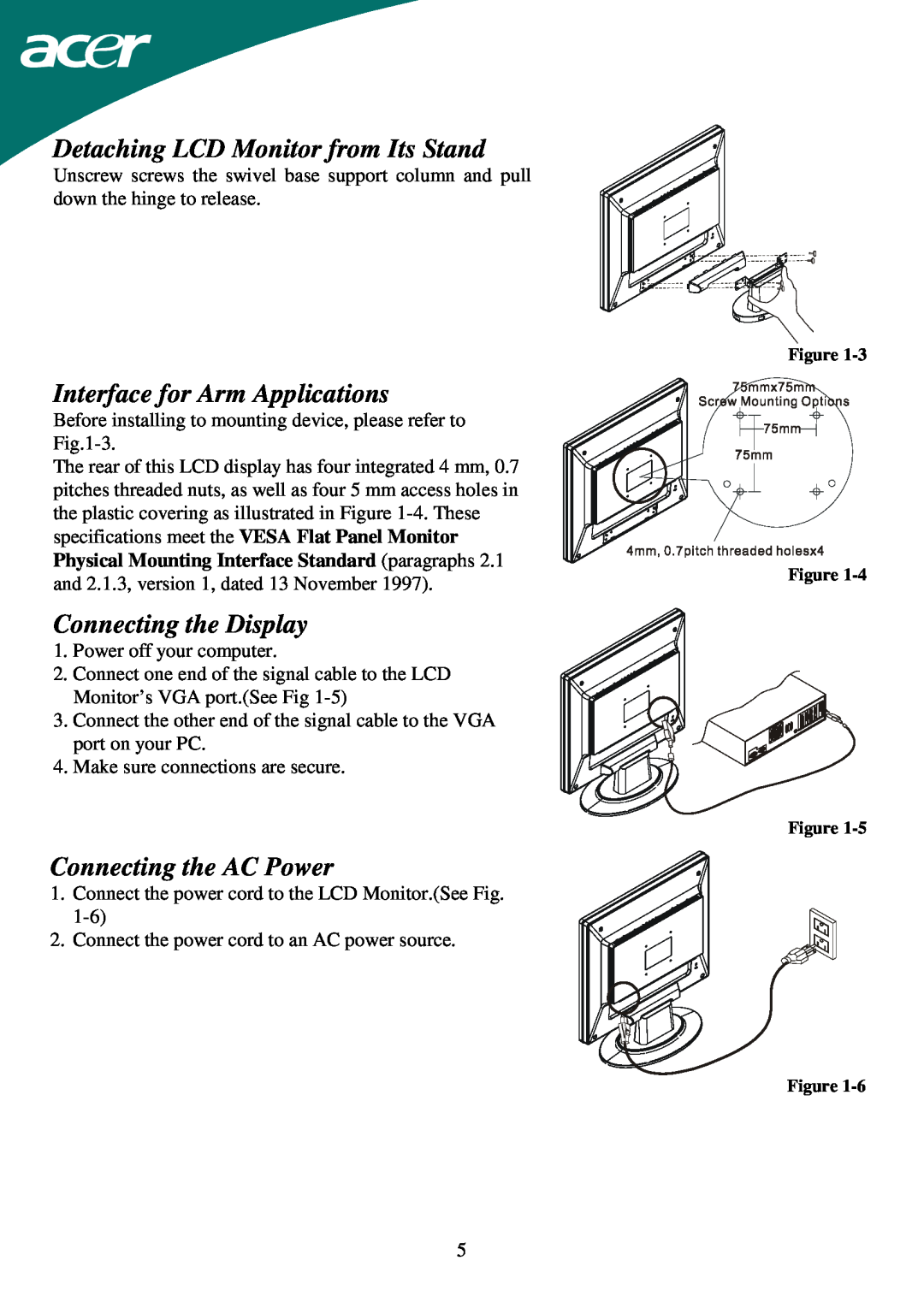 Acer AL1715 Detaching LCD Monitor from Its Stand, Interface for Arm Applications, Connecting the Display 