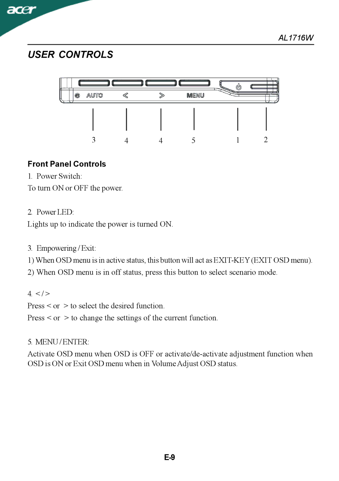 Acer AL1716W manual User Controls, Menu / Enter 