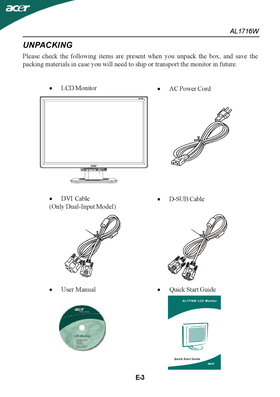 Acer AL1716W manual Unpacking 