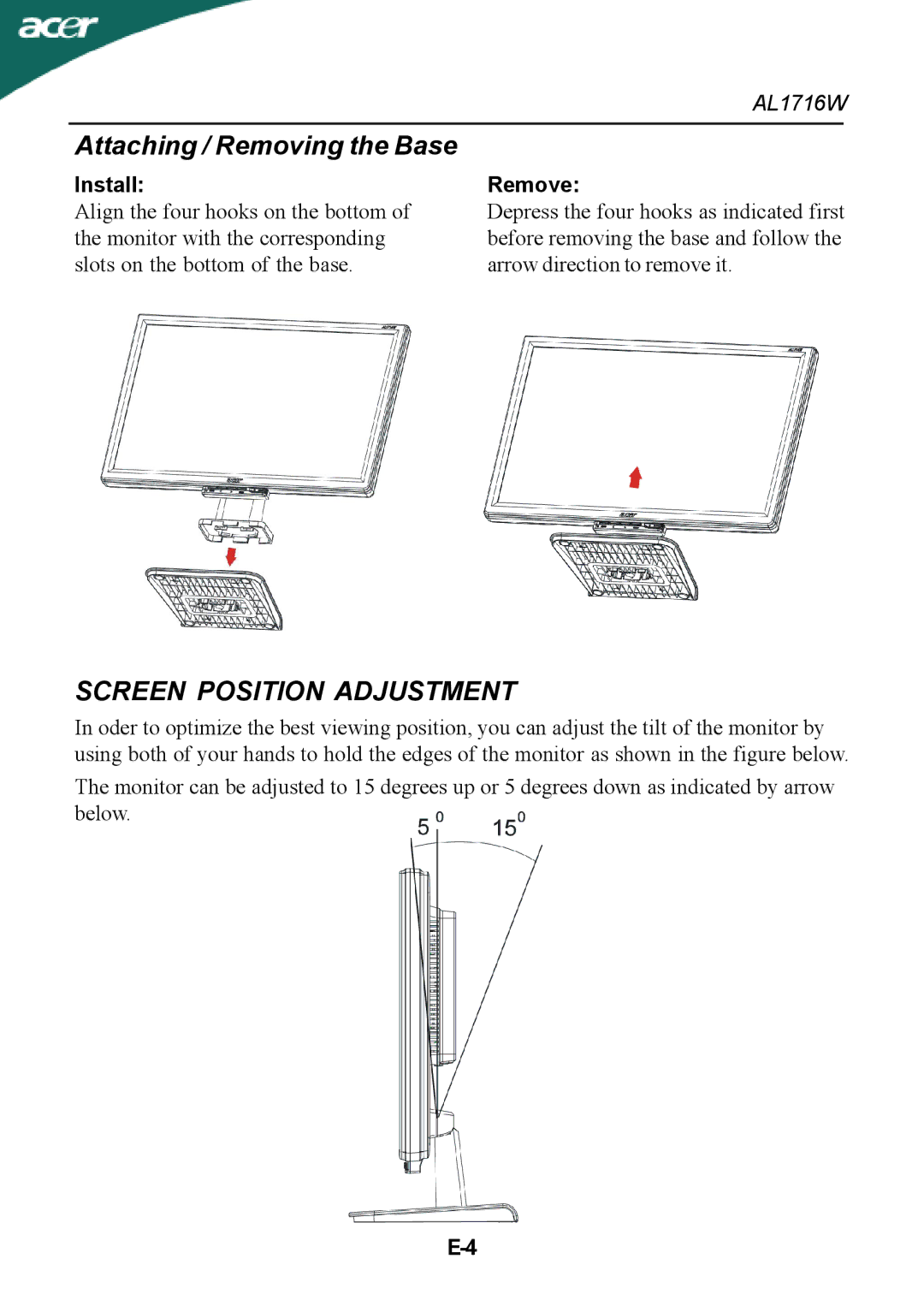 Acer AL1716W manual Attaching / Removing the Base, Screen Position Adjustment 