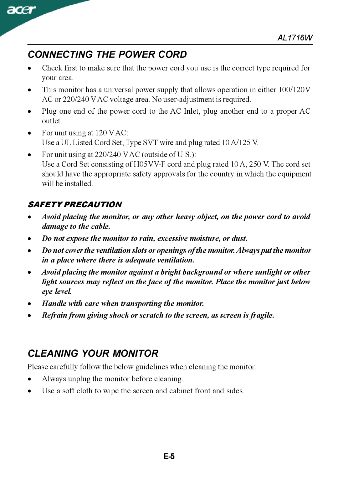 Acer AL1716W manual Connecting the Power Cord, Cleaning Your Monitor 