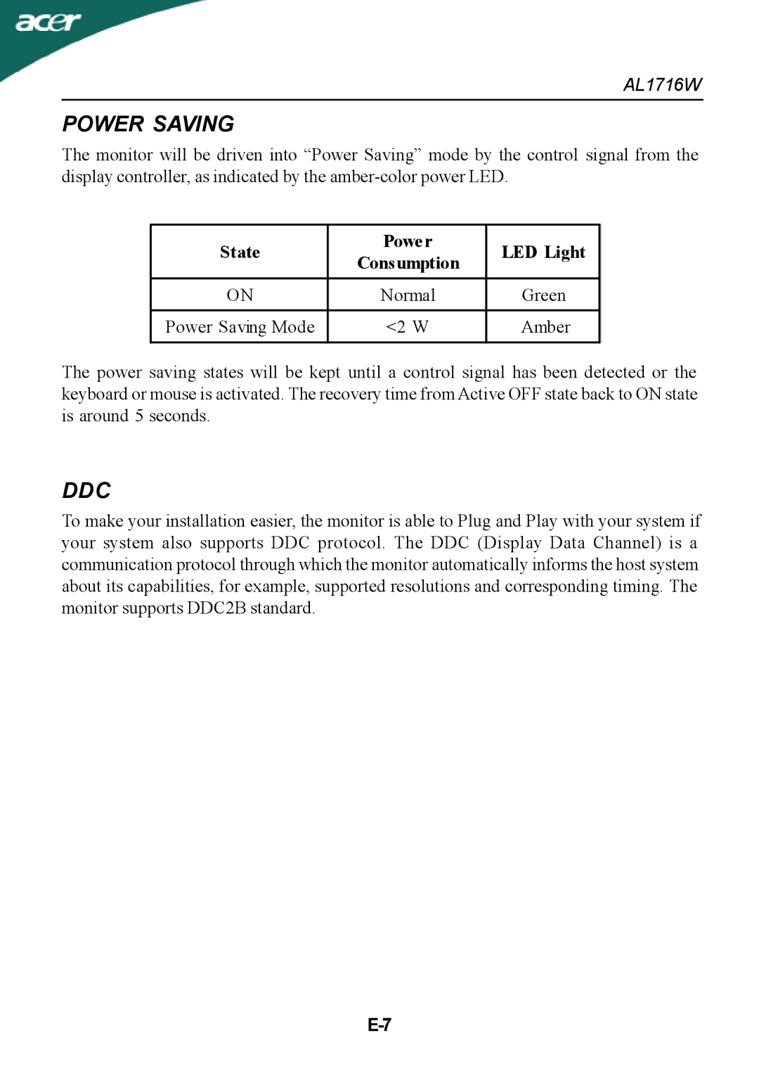 Acer AL1716W manual Power Saving, Ddc, State Power LED Light Consumption 