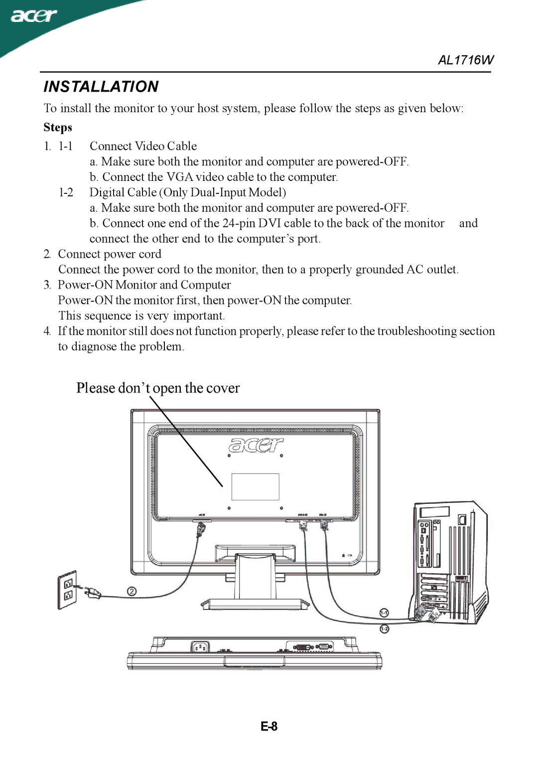 Acer AL1716W manual Installation, Steps 