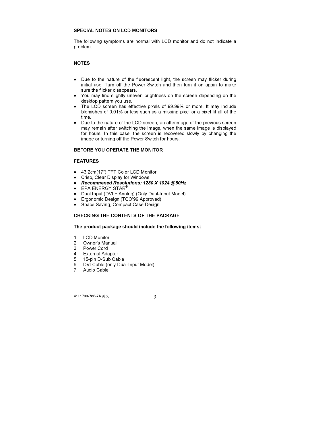 Acer AL1721 Special Notes on LCD Monitors, Before YOU Operate the Monitor Features, Checking the Contents of the Package 