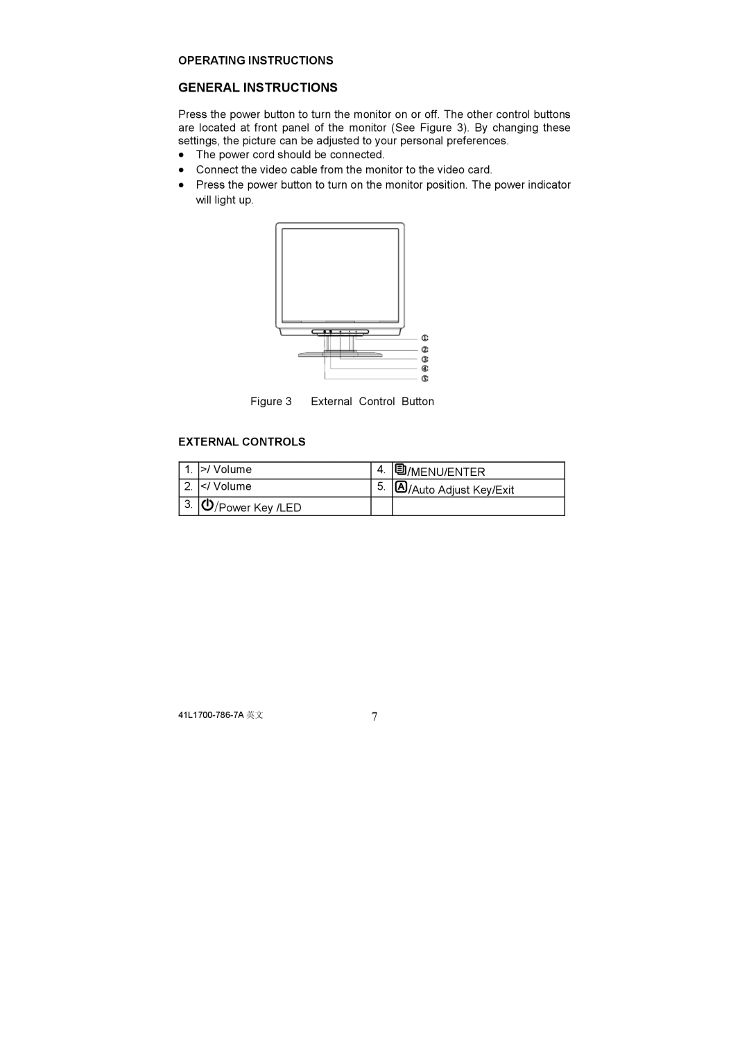 Acer AL1721, 41L1700-786-7A General Instructions, Operating Instructions, External Controls, Menu/Enter 