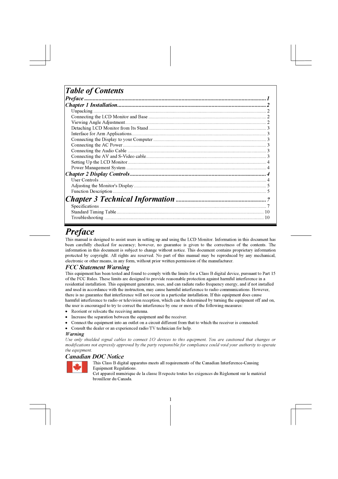 Acer AL1731 specifications Preface, Table of Contents 