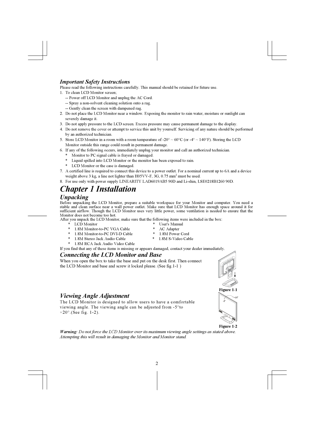 Acer AL1731 specifications Installation, Unpacking, Connecting the LCD Monitor and Base, Viewing Angle Adjustment 