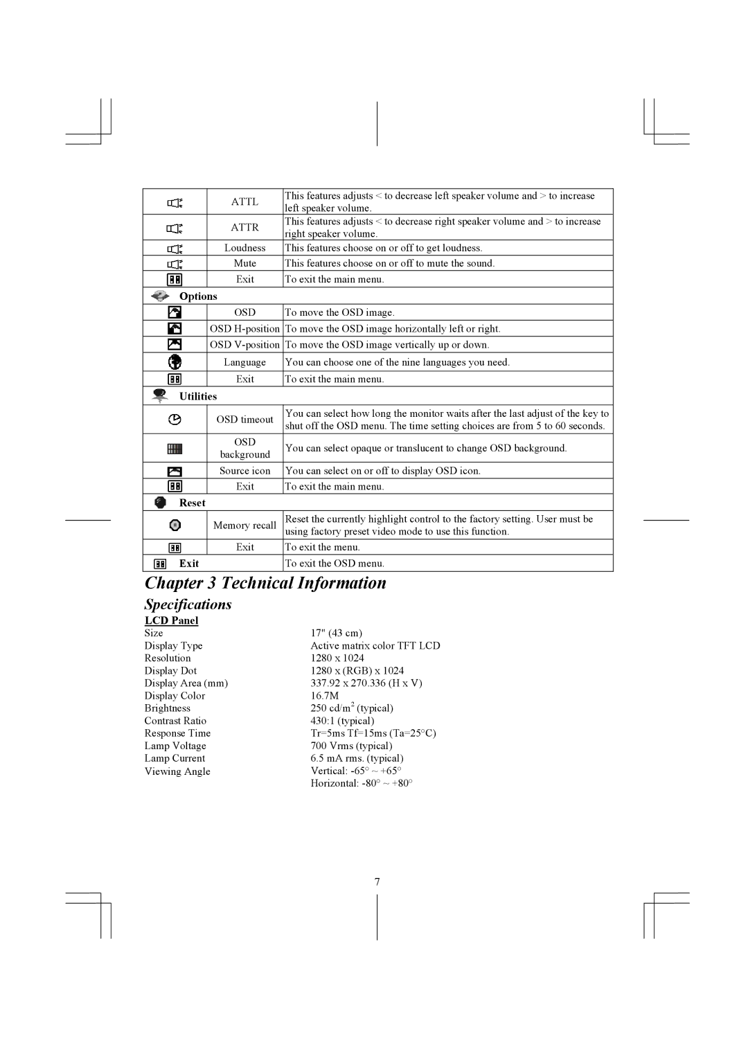 Acer AL1731 specifications Specifications, LCD Panel, Attl 