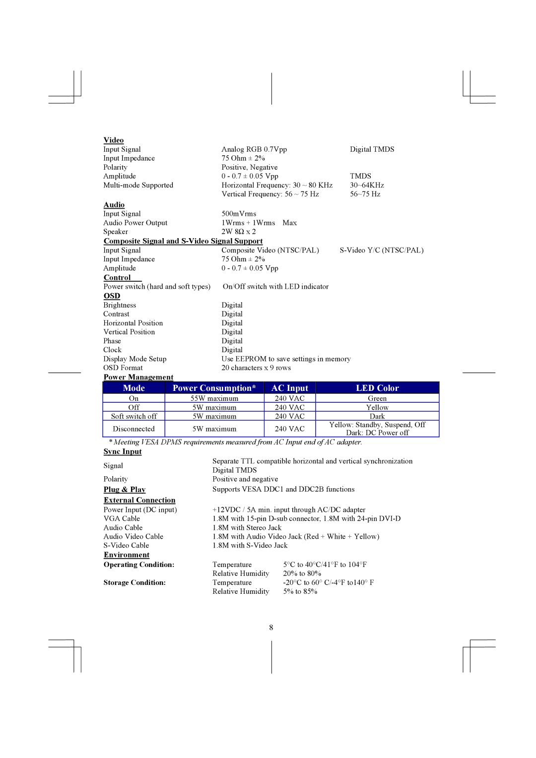 Acer AL1731 Composite Signal and S-Video Signal Support, Control, Power Management, Sync Input, Environment 