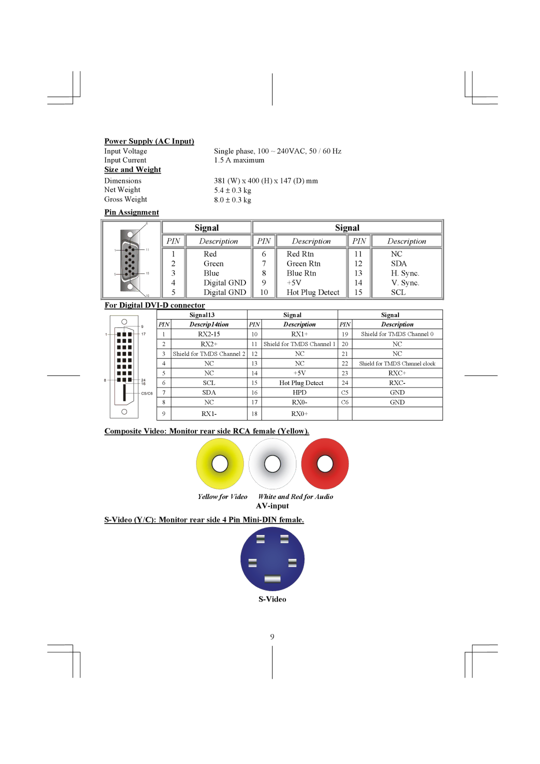 Acer AL1731 specifications Power Supply AC Input, Size and Weight, Pin Assignment, For Digital DVI-D connector 