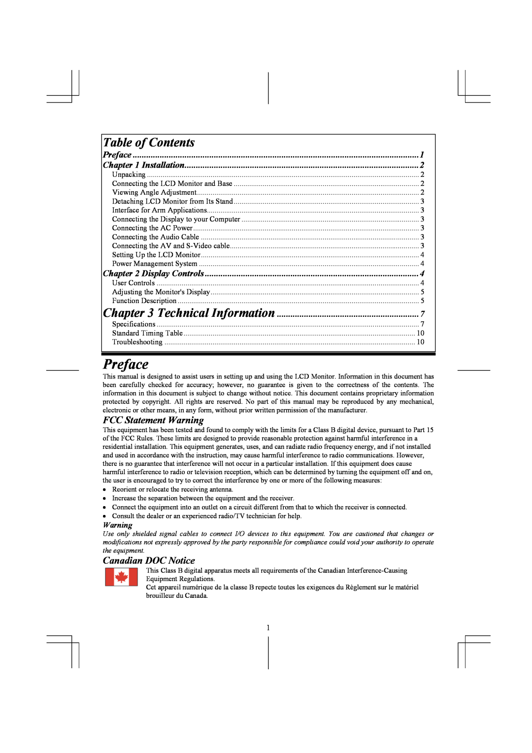 Acer AL1731 specifications Preface, Table of Contents, FCC Statement Warning, Canadian DOC Notice, Installation 