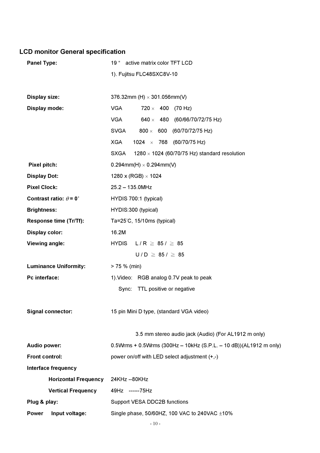 Acer AL1912 manual LCD monitor General specification 