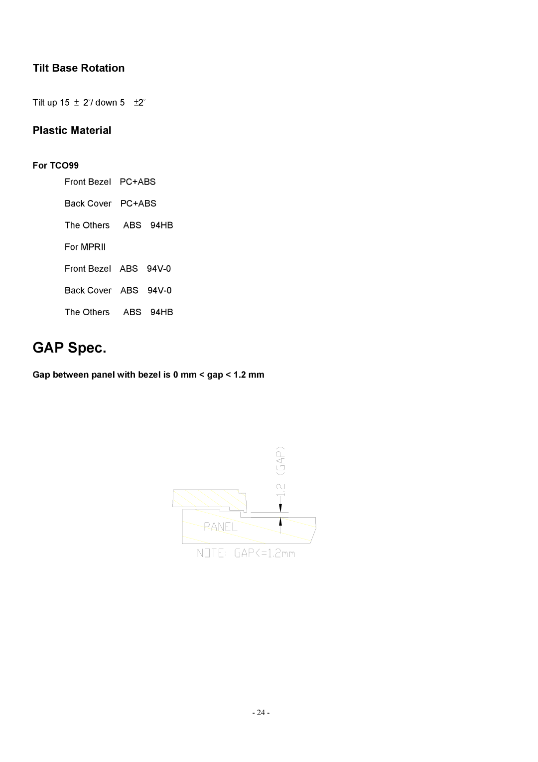 Acer AL1912 GAP Spec, Tilt Base Rotation, Plastic Material, For TCO99, Gap between panel with bezel is 0 mm gap 1.2 mm 