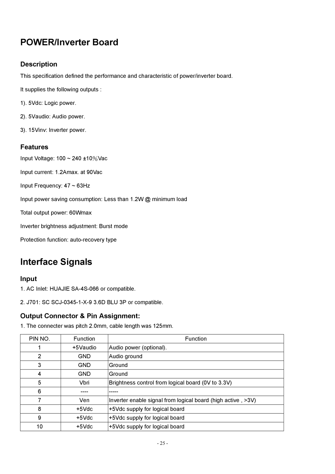 Acer AL1912 manual POWER/Inverter Board, Interface Signals 