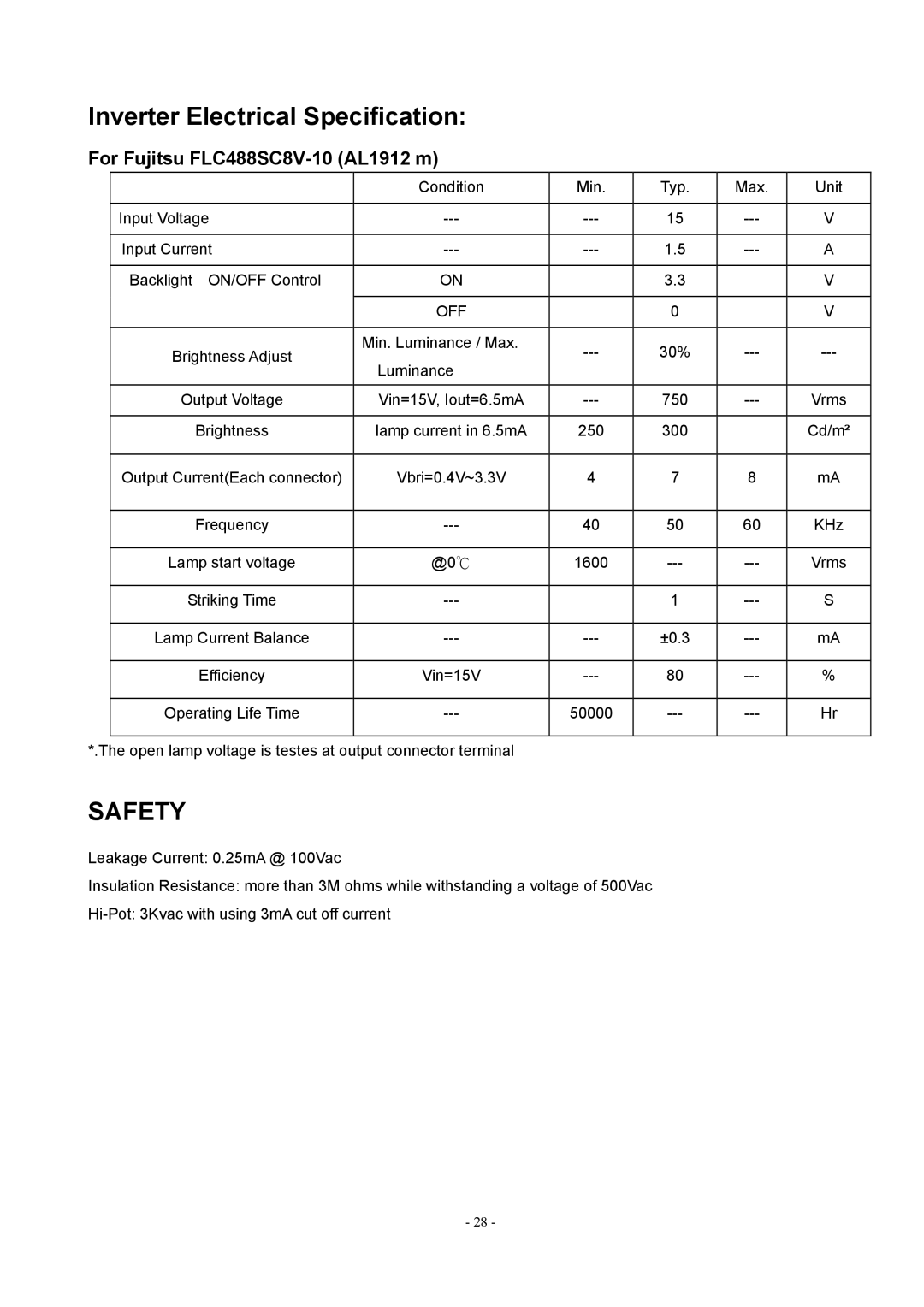 Acer manual Inverter Electrical Specification, Safety, For Fujitsu FLC488SC8V-10 AL1912 m 