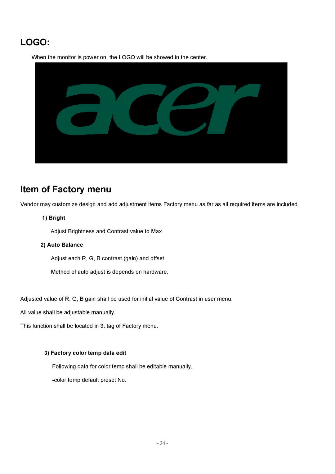 Acer AL1912 manual Logo, Item of Factory menu, Bright, Auto Balance, Factory color temp data edit 