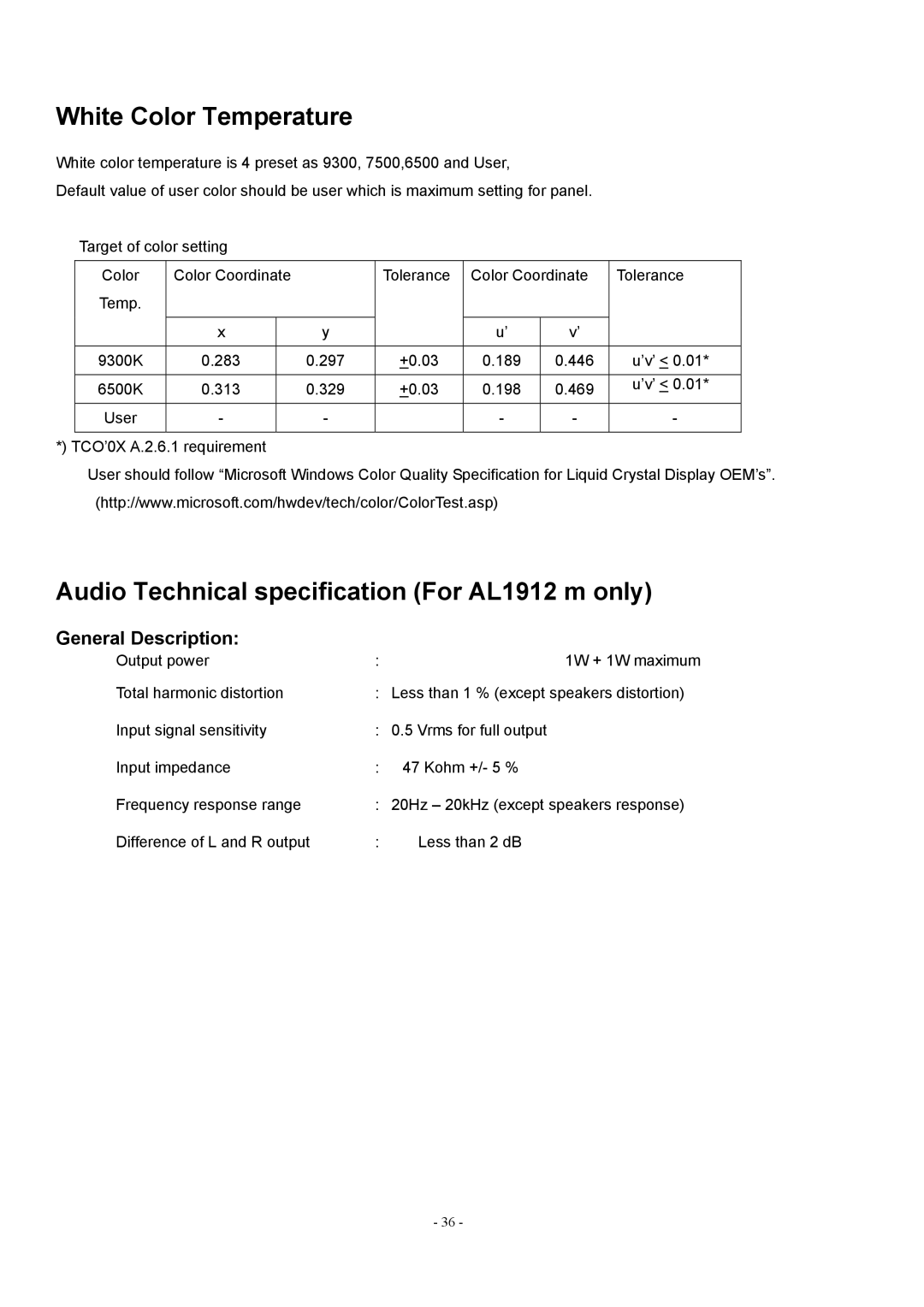 Acer manual White Color Temperature, Audio Technical specification For AL1912 m only, General Description 