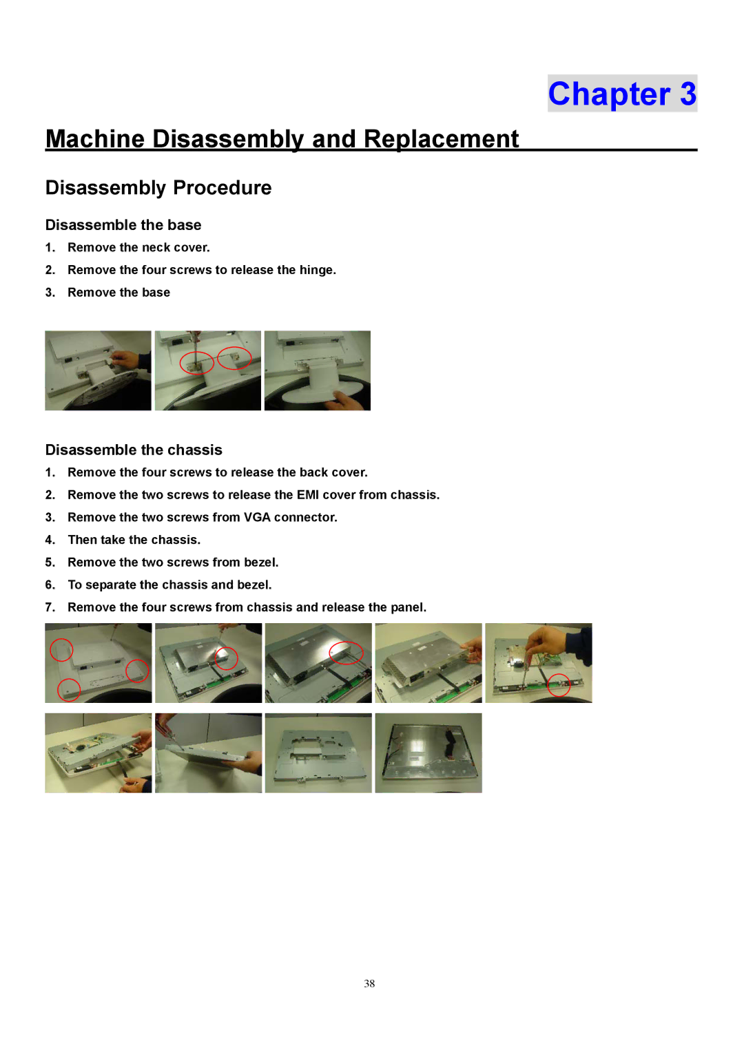 Acer AL1912 manual Disassembly Procedure, Disassemble the base, Disassemble the chassis 