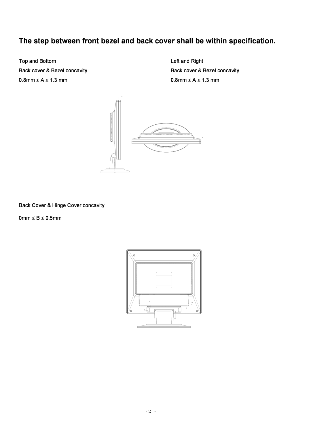 Acer AL1912 manual Top and Bottom, Left and Right, Back cover & Bezel concavity, 0.8mm ≤ A ≤ 1.3 mm 
