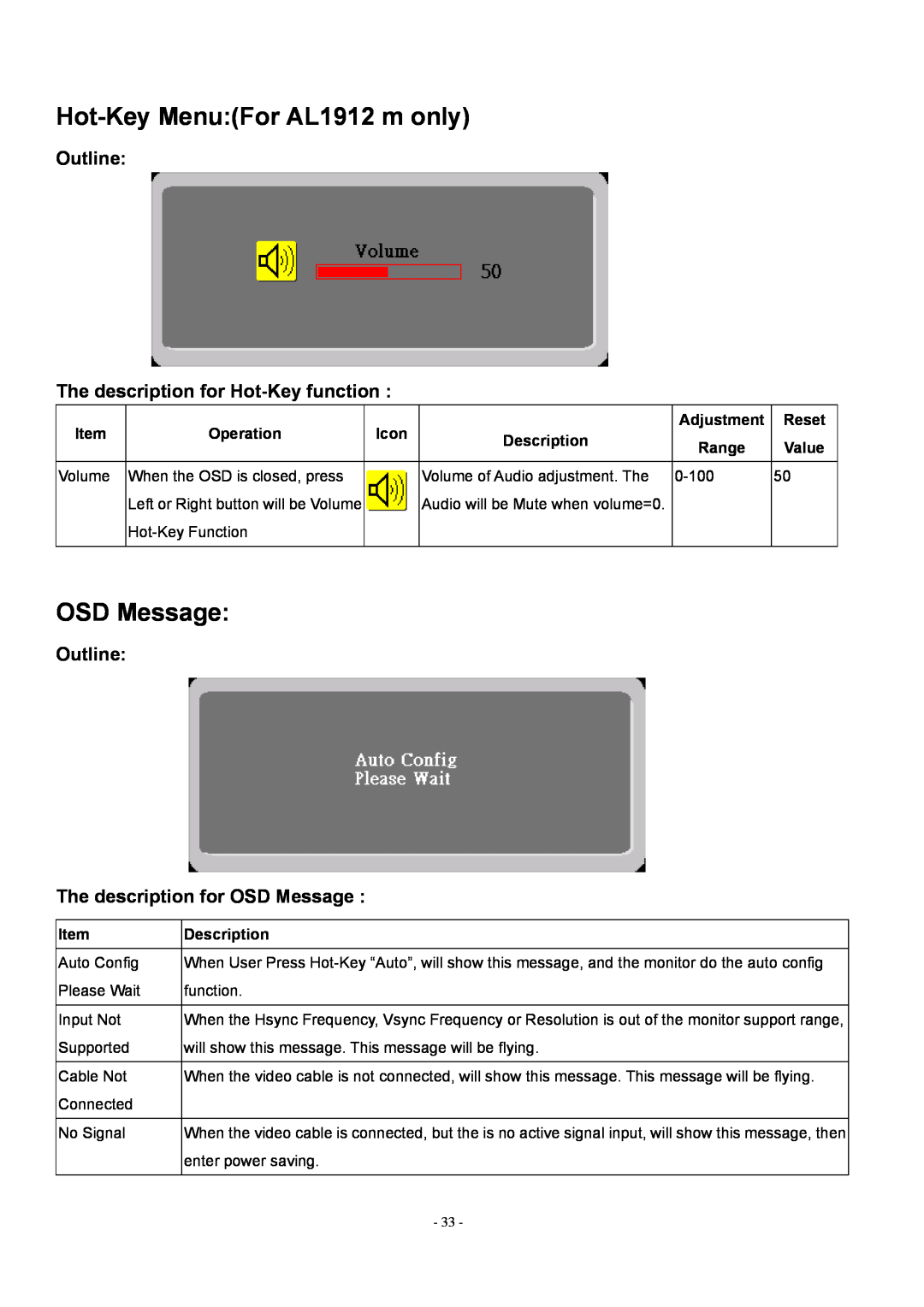 Acer manual Hot-Key MenuFor AL1912 m only, OSD Message, Outline The description for Hot-Key function 