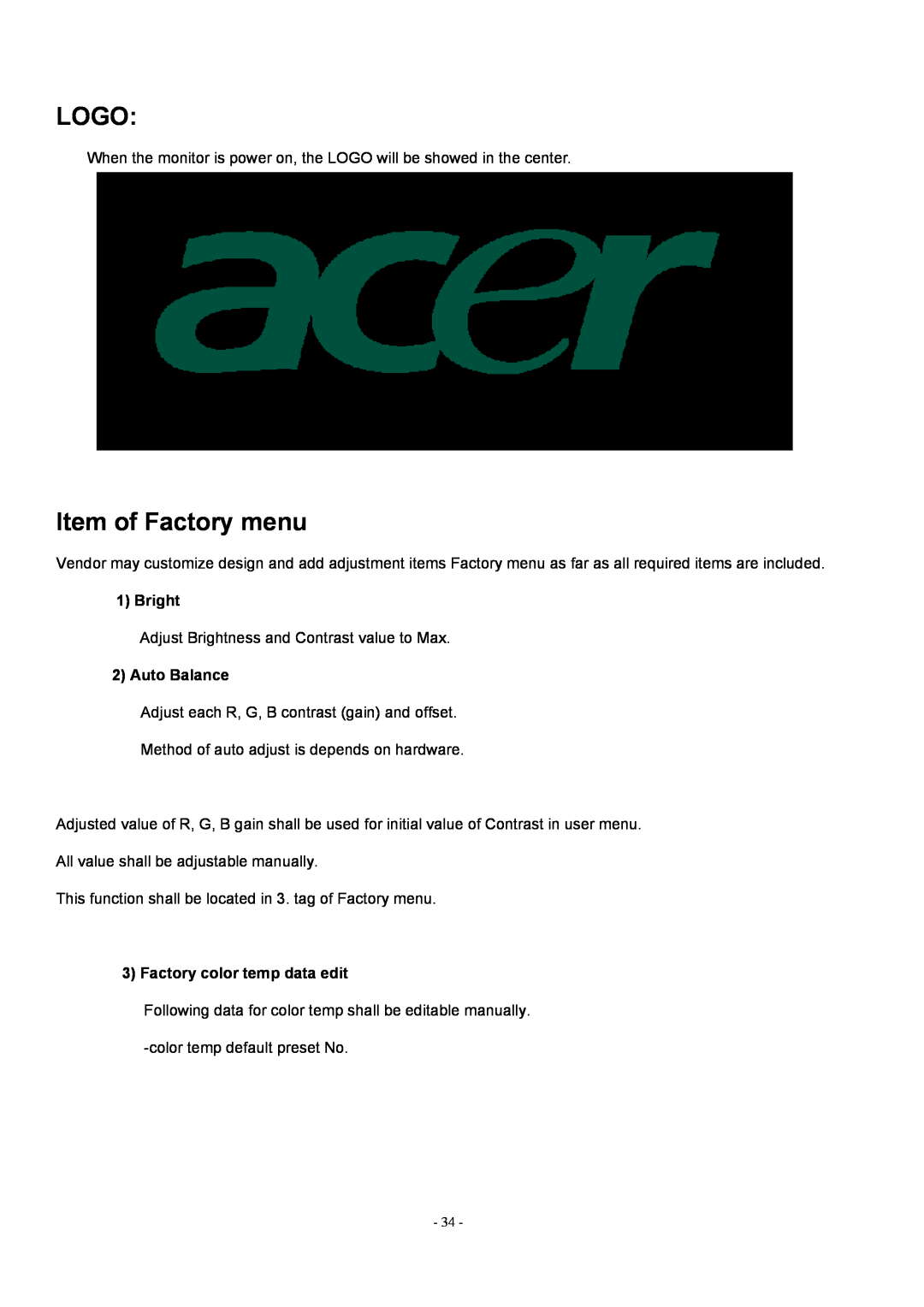 Acer AL1912 manual Logo, Item of Factory menu, Bright, Auto Balance, Factory color temp data edit 