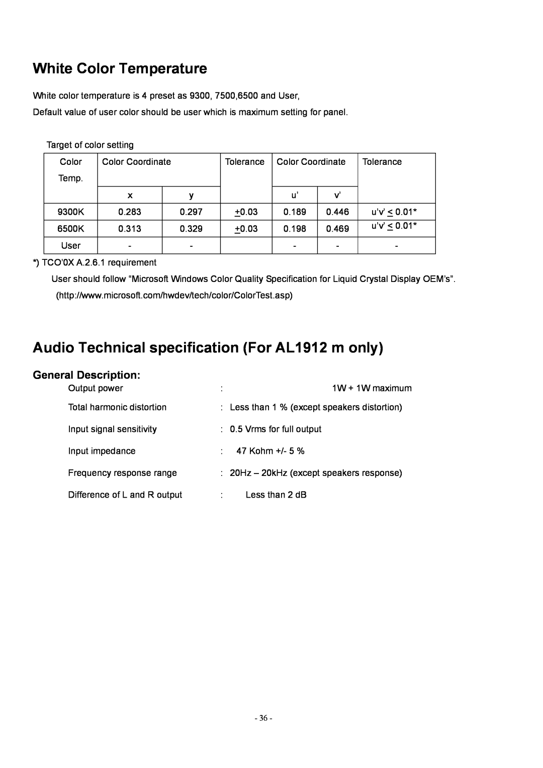 Acer manual White Color Temperature, Audio Technical specification For AL1912 m only, General Description 