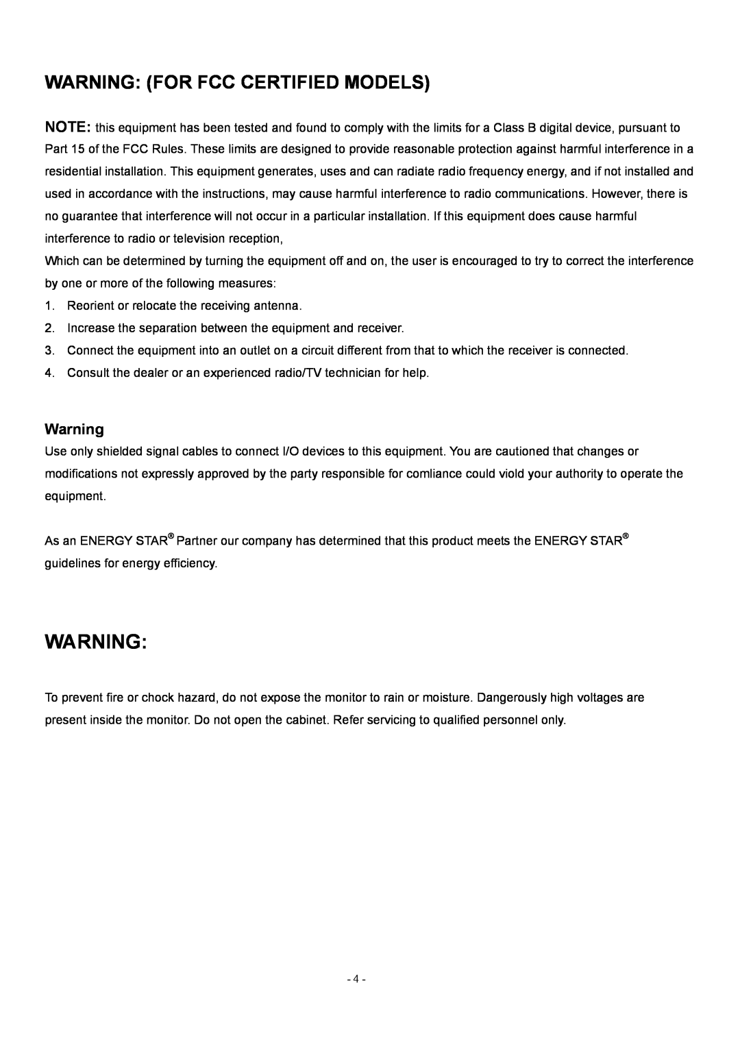 Acer AL1912 manual Warning For Fcc Certified Models 
