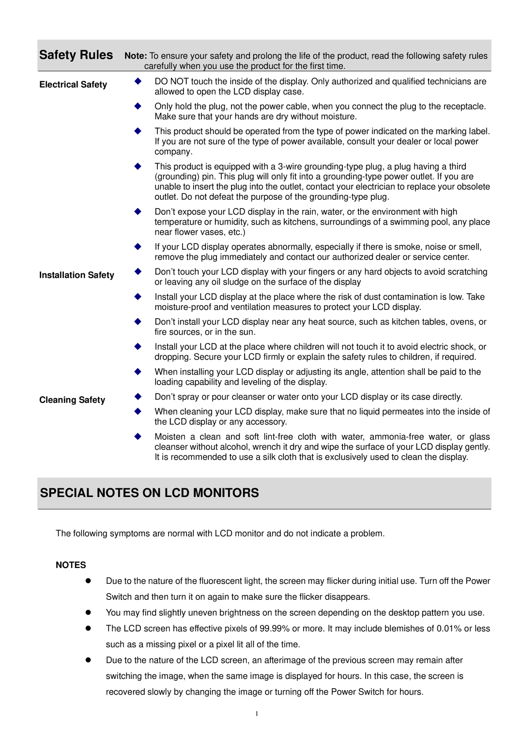 Acer AL1917C technical specifications Safety Rules, Electrical Safety Installation Safety Cleaning Safety 