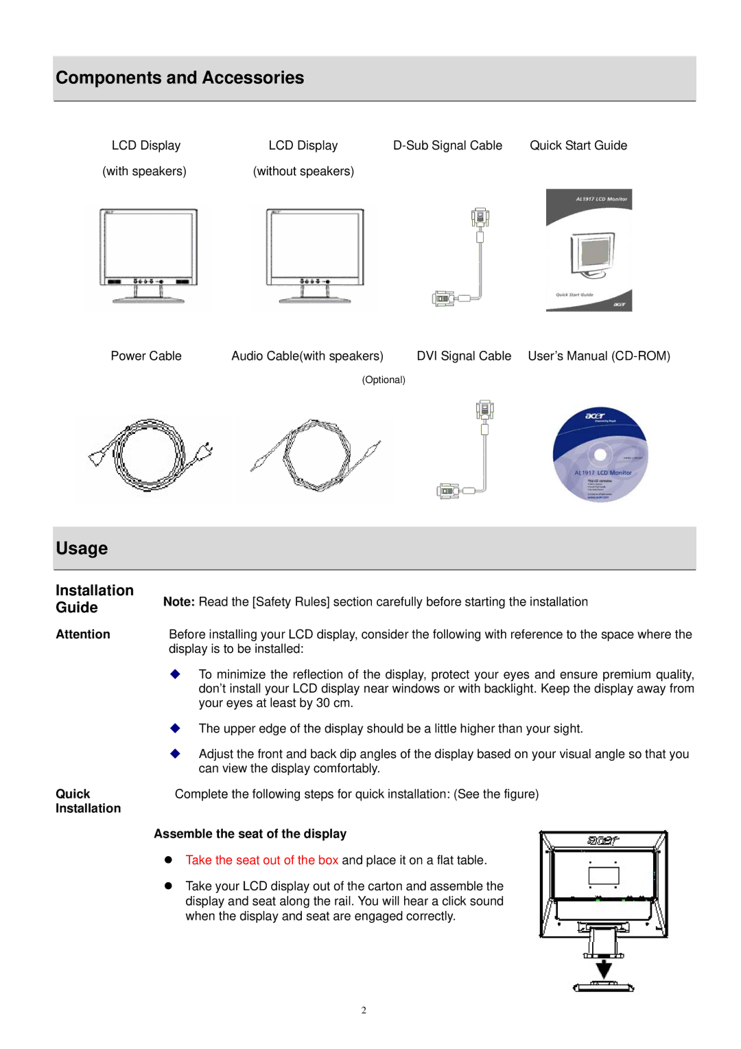 Acer AL1917C Components and Accessories, Usage, Installation Guide, Quick Installation, Assemble the seat of the display 