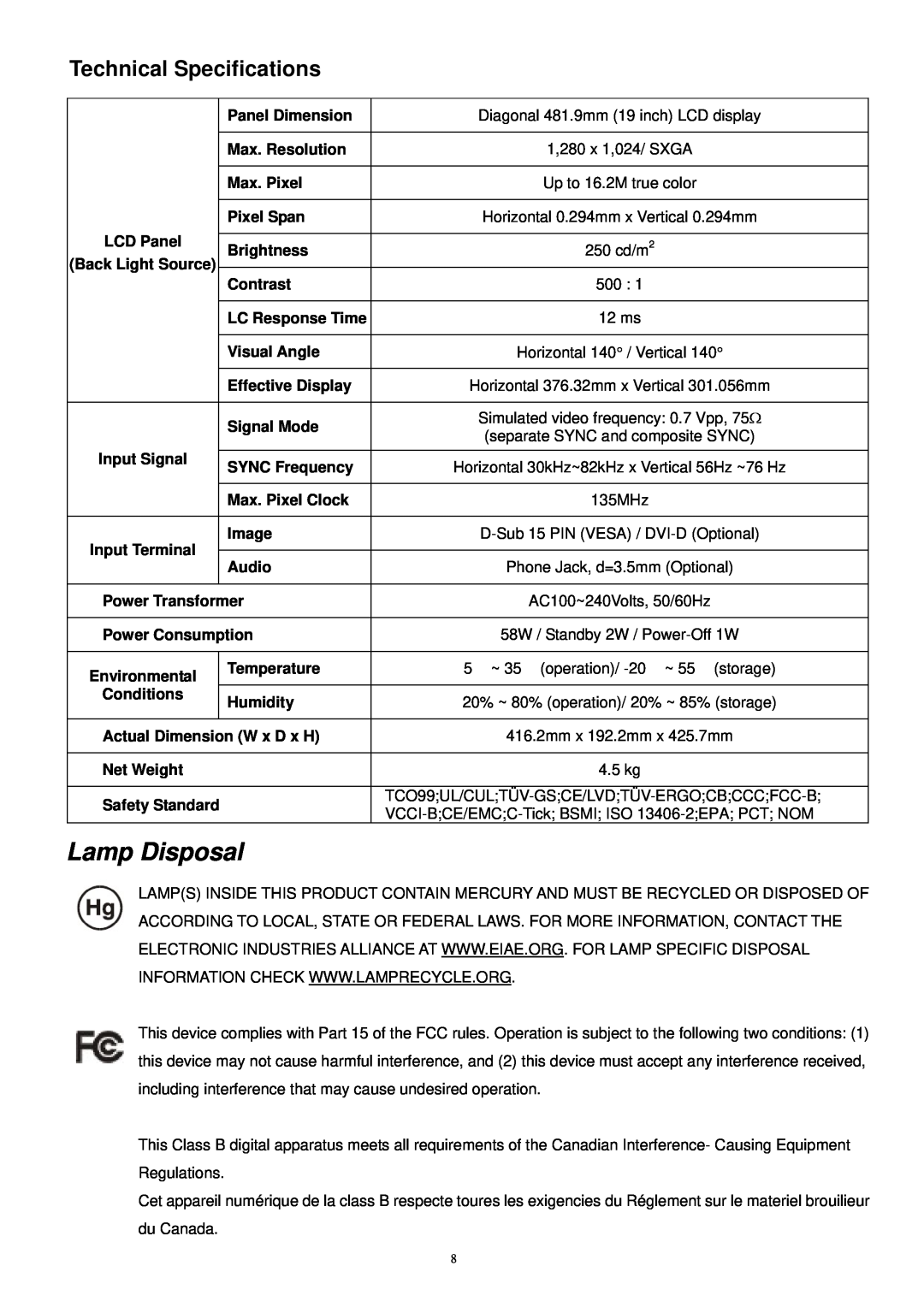 Acer AL1917C technical specifications Technical Specifications, Lamp Disposal 