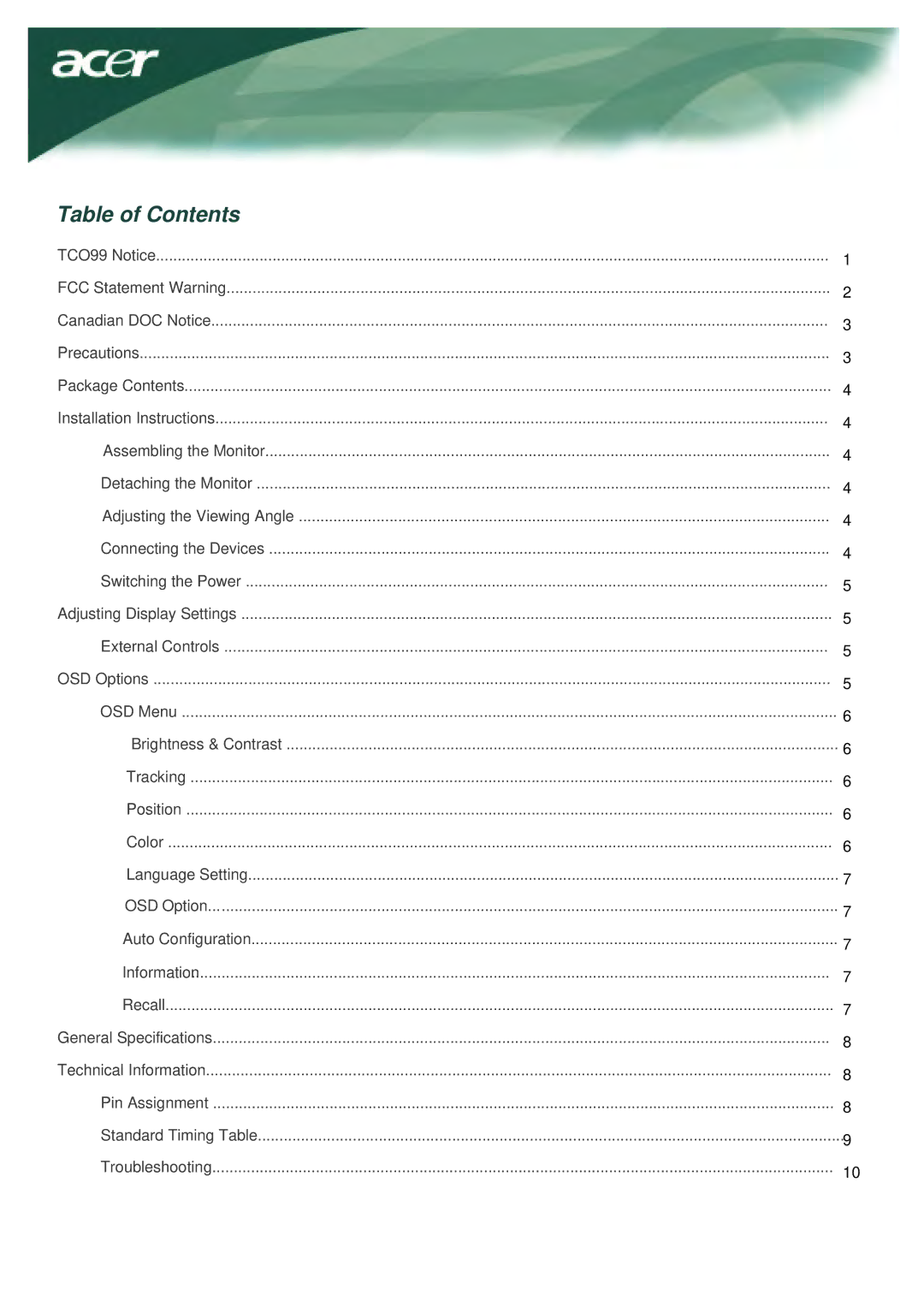 Acer AL1917X installation instructions Table of Contents 