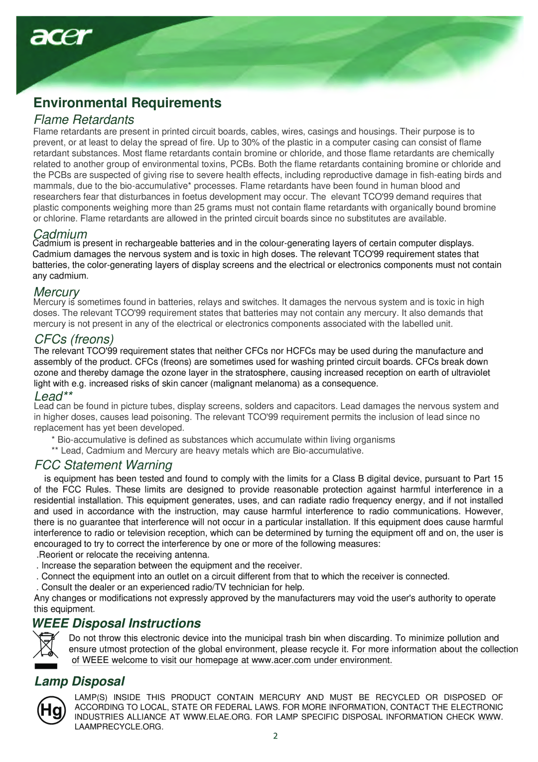 Acer AL1917X installation instructions Flame Retardants, Cadmium, Mercury, CFCs freons, Lead, FCC Statement Warning 