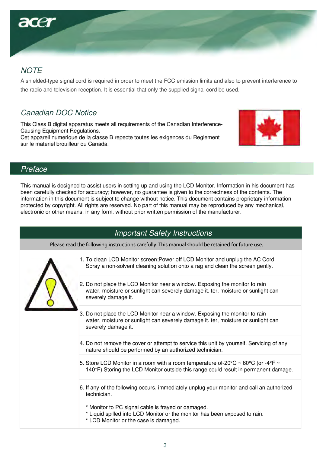 Acer AL1917X installation instructions Canadian DOC Notice, Preface, Important Safety Instructions 