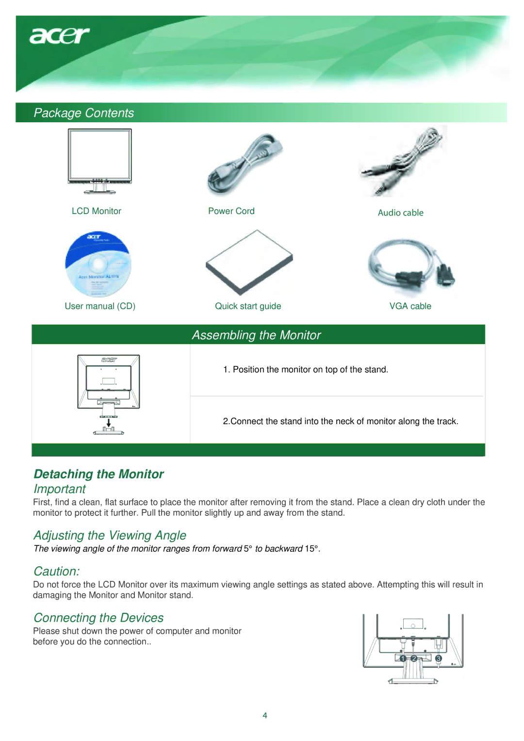 Acer AL1917X installation instructions Package Contents, Assembling the Monitor 