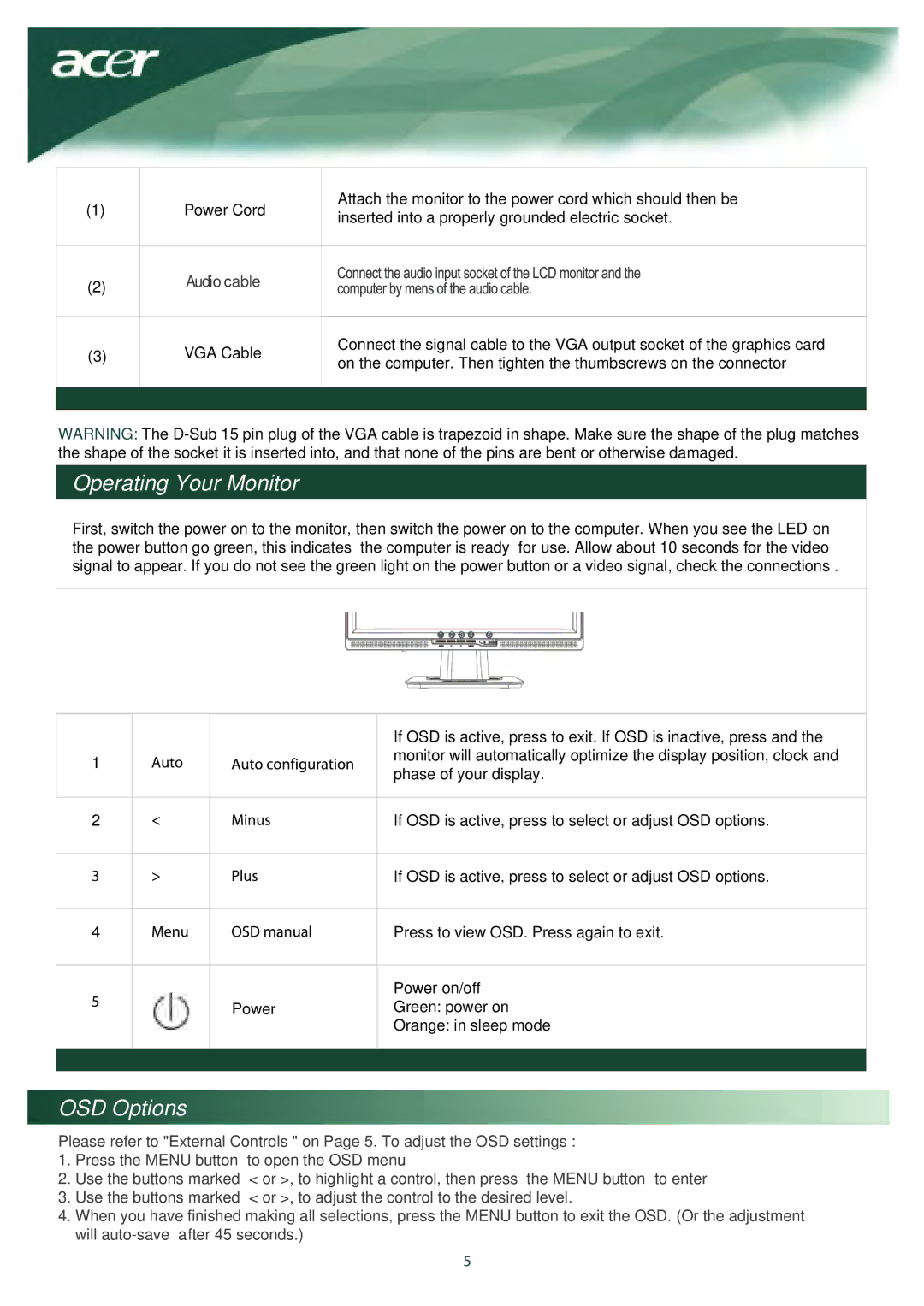 Acer AL1917X installation instructions Operating Your Monitor, OSD Options 