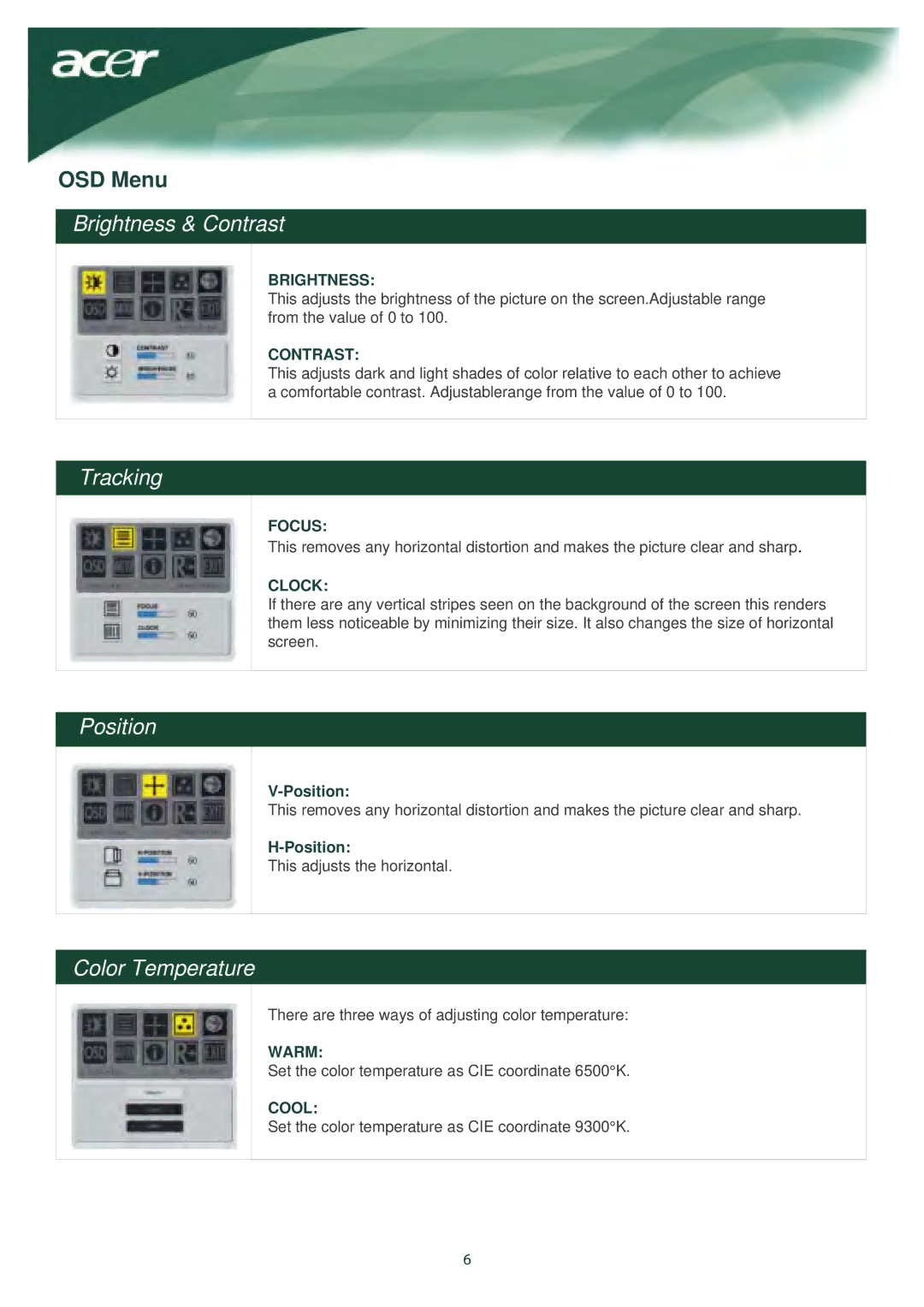 Acer AL1917X installation instructions Brightness & Contrast, Tracking, Position, Color Temperature 