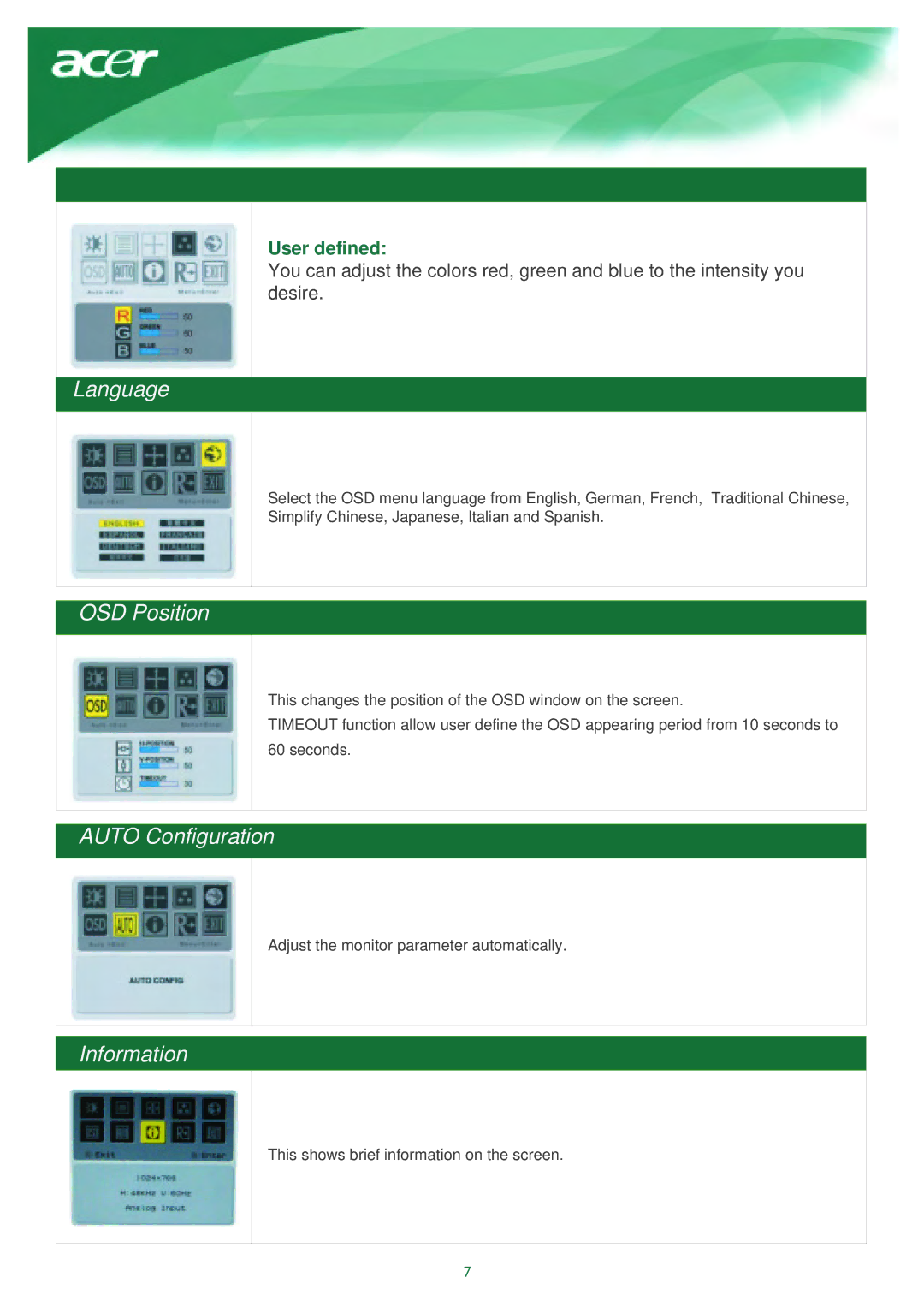 Acer AL1917X installation instructions Language, OSD Position, Auto Configuration, Information 