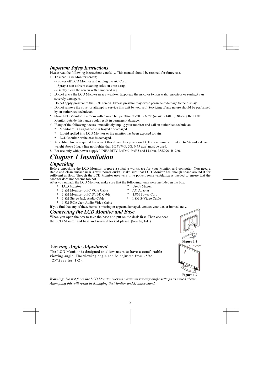 Acer AL1931 specifications Installation, Unpacking, Connecting the LCD Monitor and Base, Viewing Angle Adjustment 