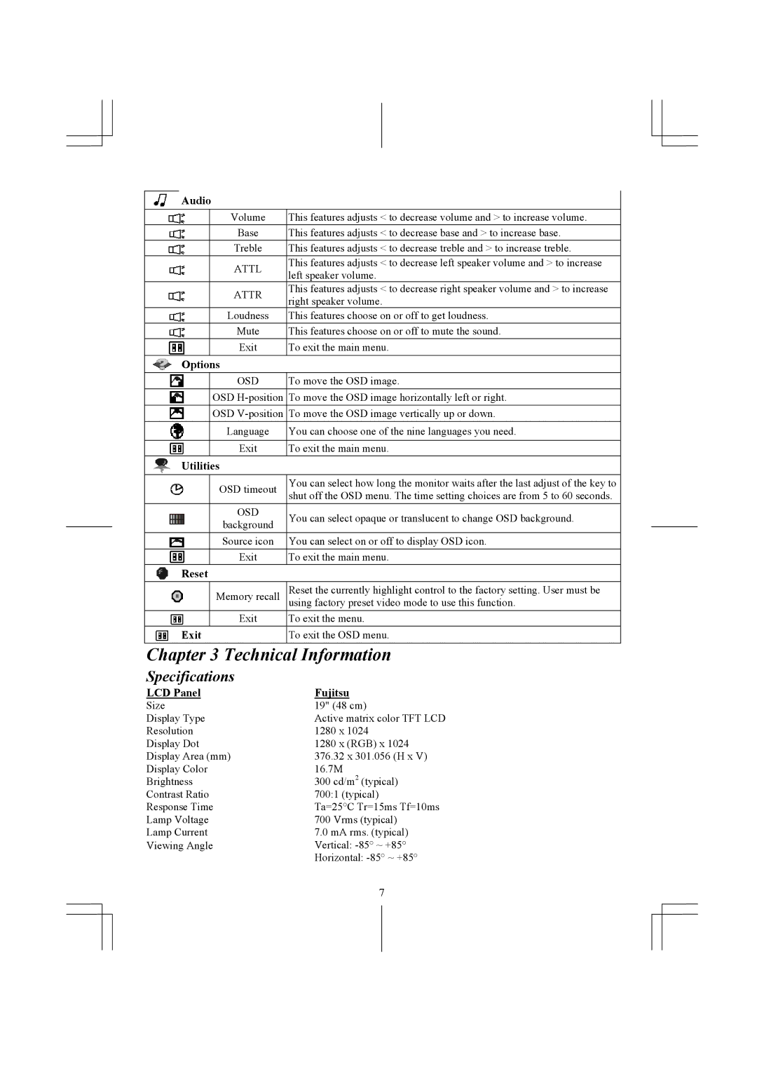 Acer AL1931 specifications Specifications, LCD Panel, Fujitsu 