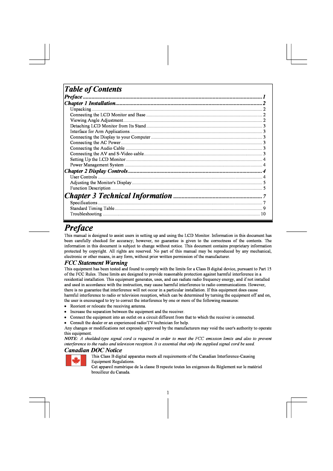 Acer AL1931 specifications Preface, Table of Contents, FCC Statement Warning, Canadian DOC Notice, Installation 