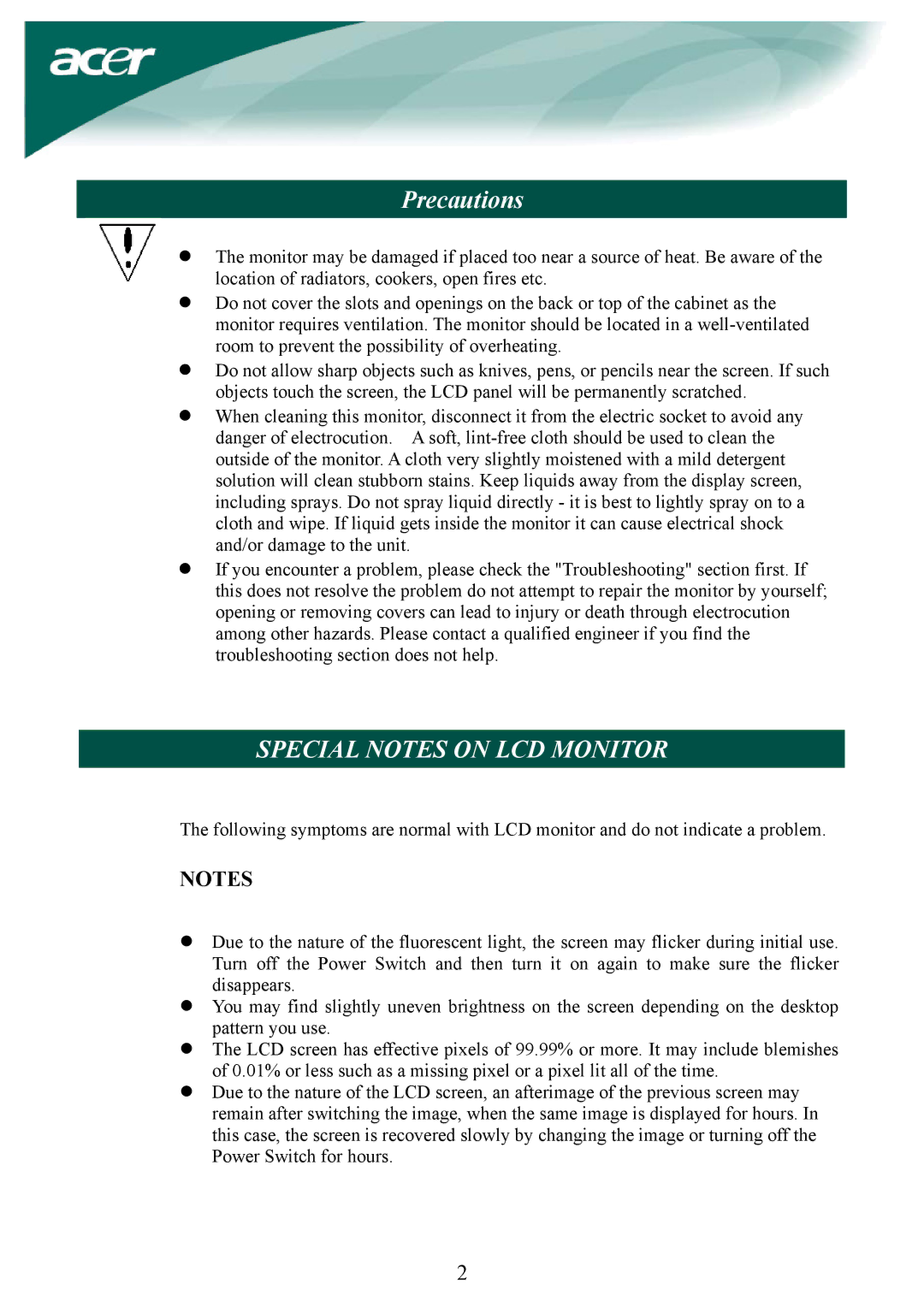 Acer AL1932 installation instructions Precautions, Special Notes on LCD Monitor 