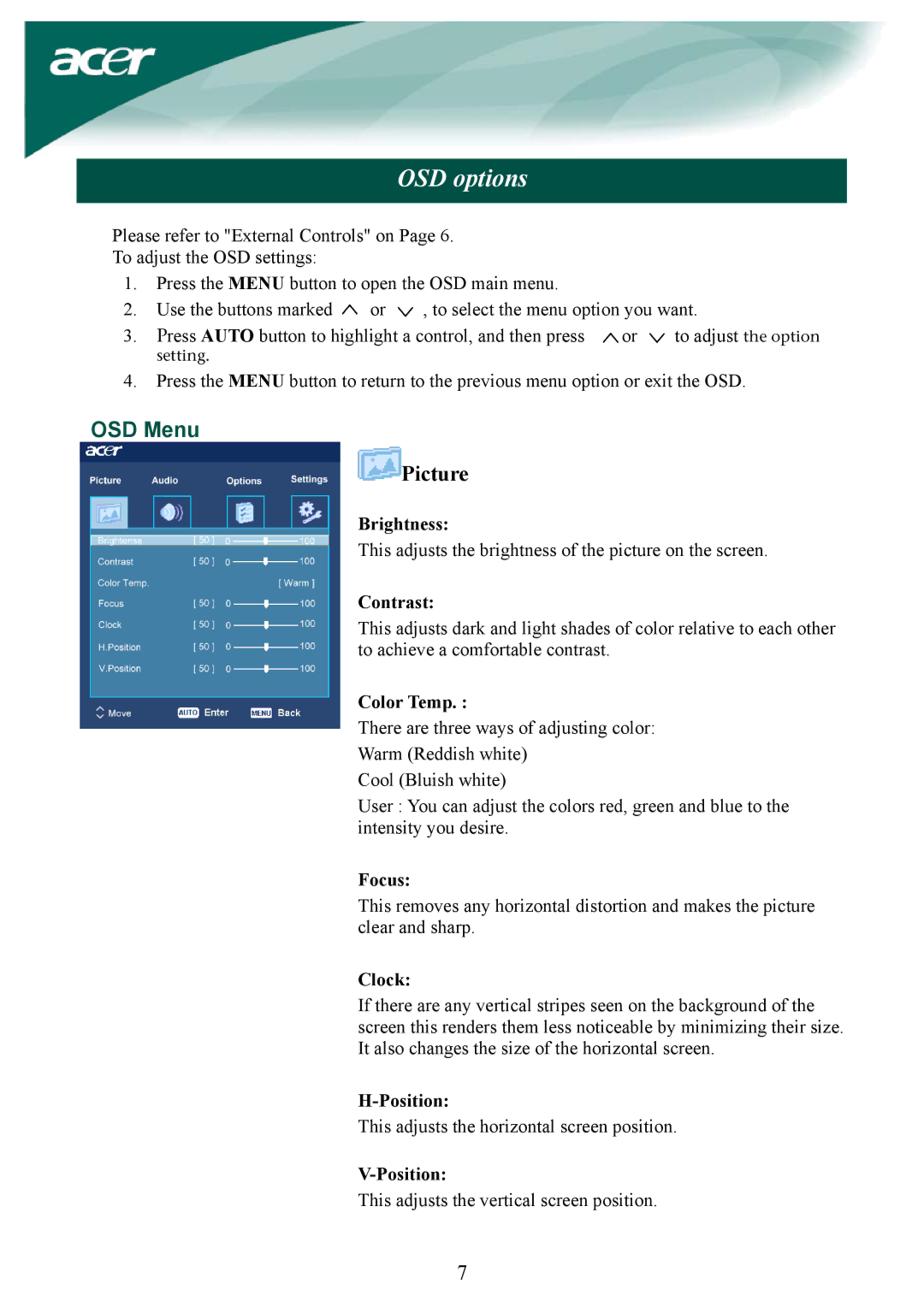 Acer AL1932 installation instructions OSD options, OSD Menu 