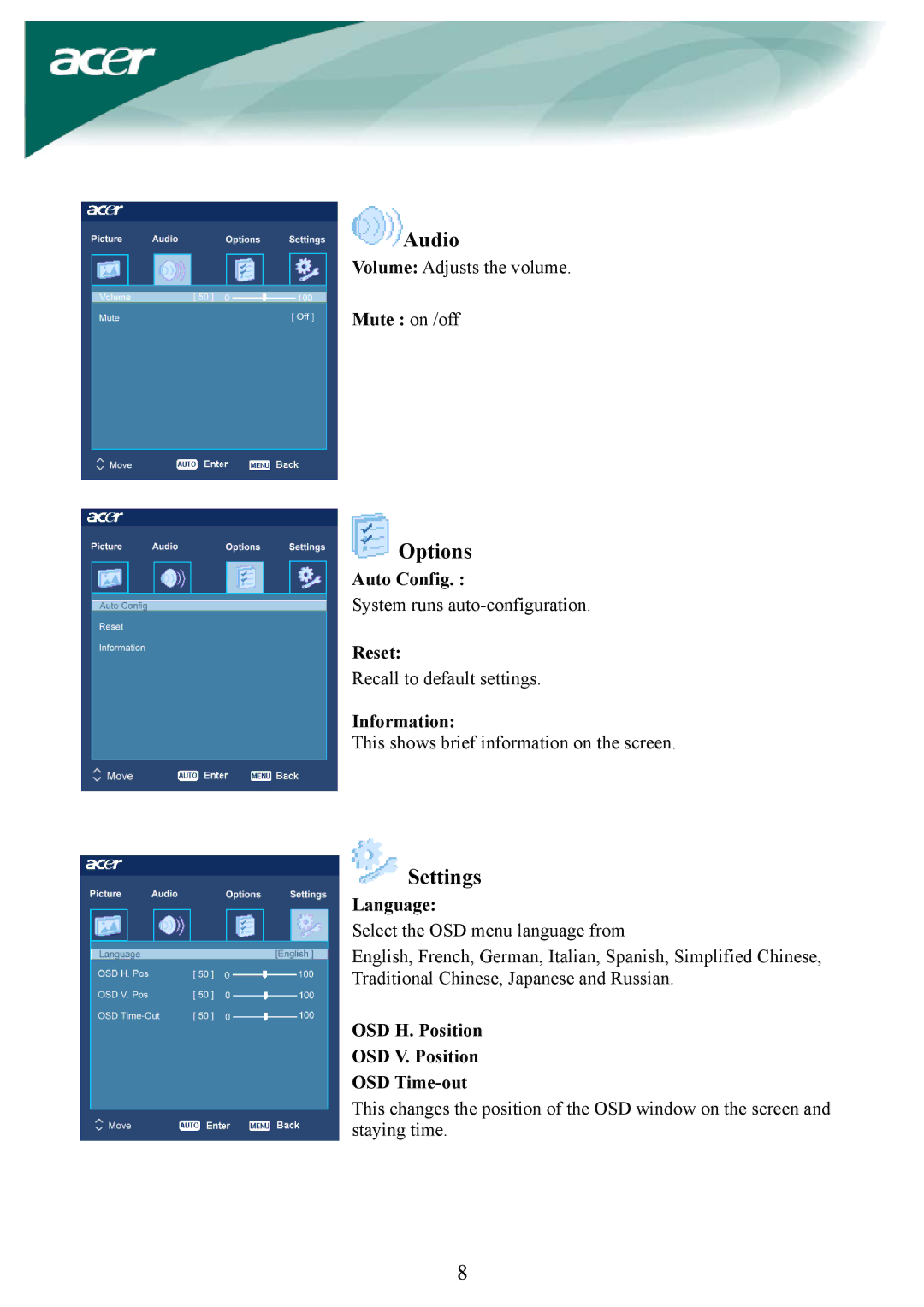 Acer AL1932 Mute on /off, Auto Config, Reset, Information, Language, OSD H. Position OSD V. Position OSD Time-out 