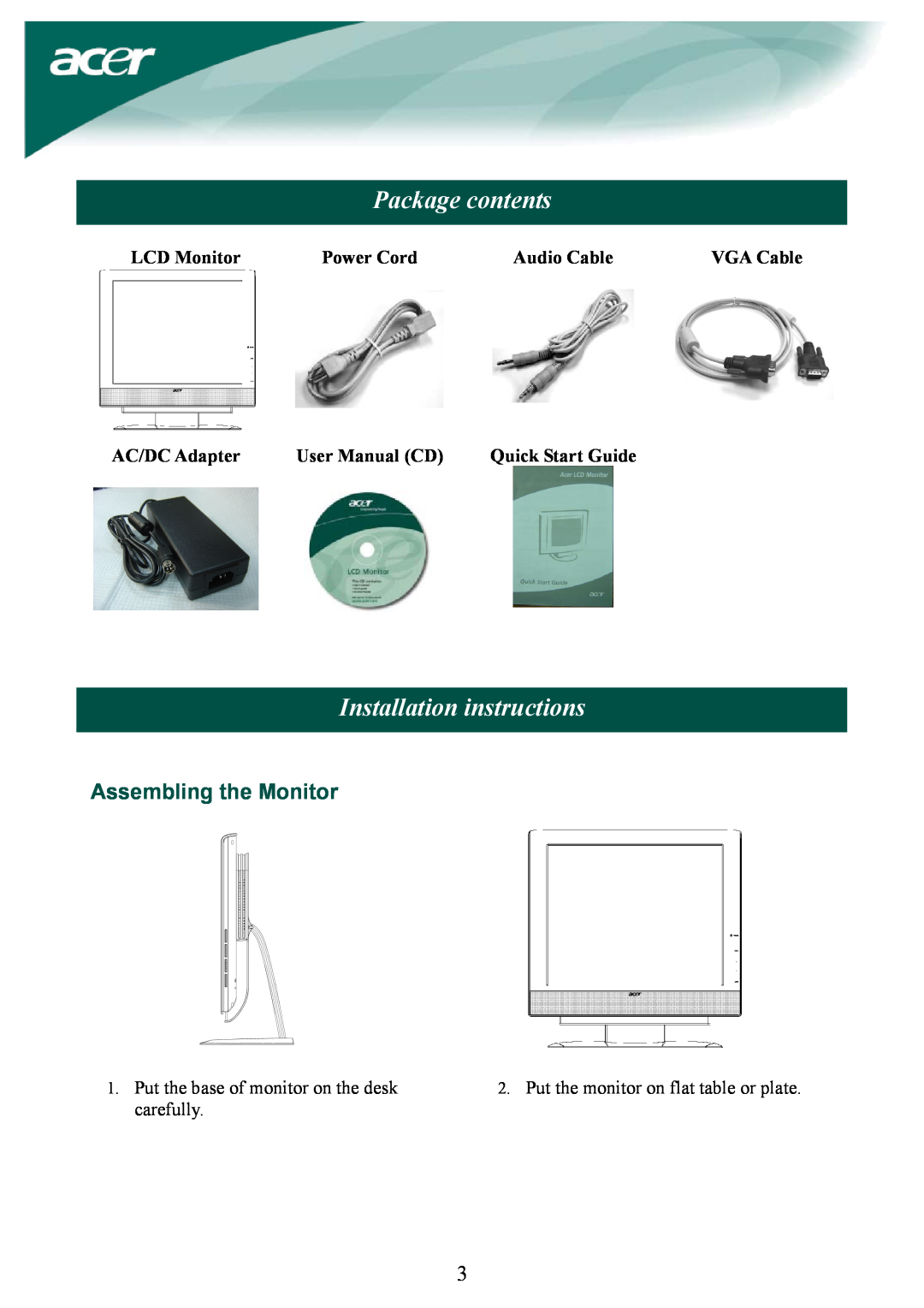 Acer AL1932 Package contents, Installation instructions, Assembling the Monitor, LCD Monitor, Power Cord, Audio Cable 