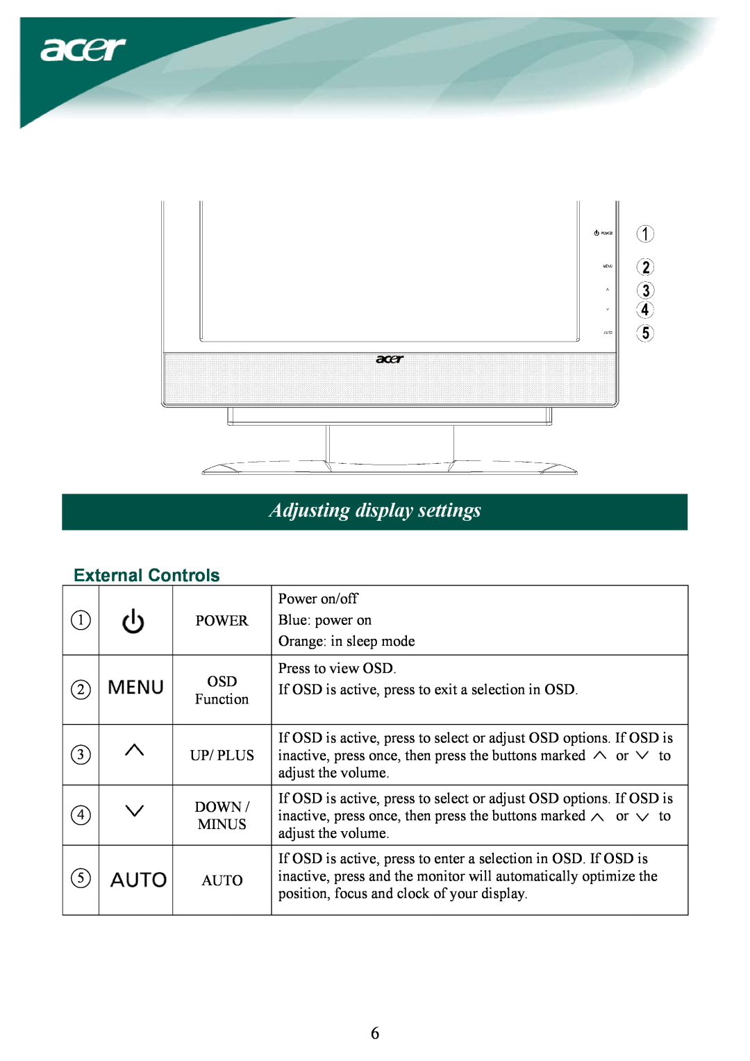 Acer AL1932 installation instructions Adjusting display settings, External Controls 